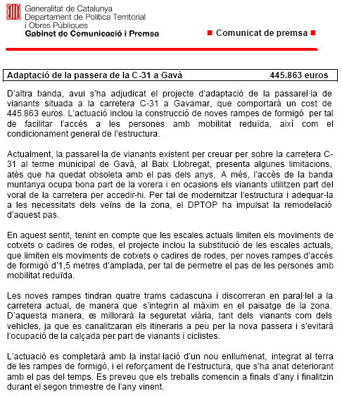 Nota de prensa del Departamento de Política Territorial de la Generalitat de Catalunya anunciando la adjudicación del proyecto del puente de la pava (27 de septiembre de 2007)